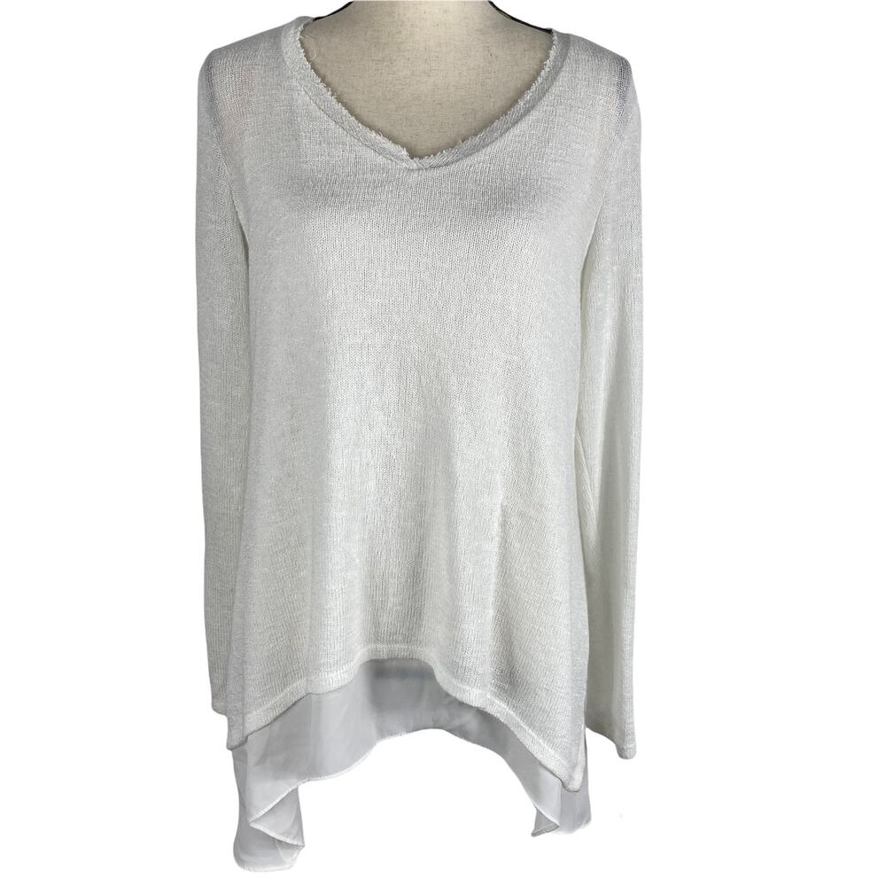 Bar III Knit Chiffon Sweater Overlay Layered Tunic White V-Neck Womens Sz Large